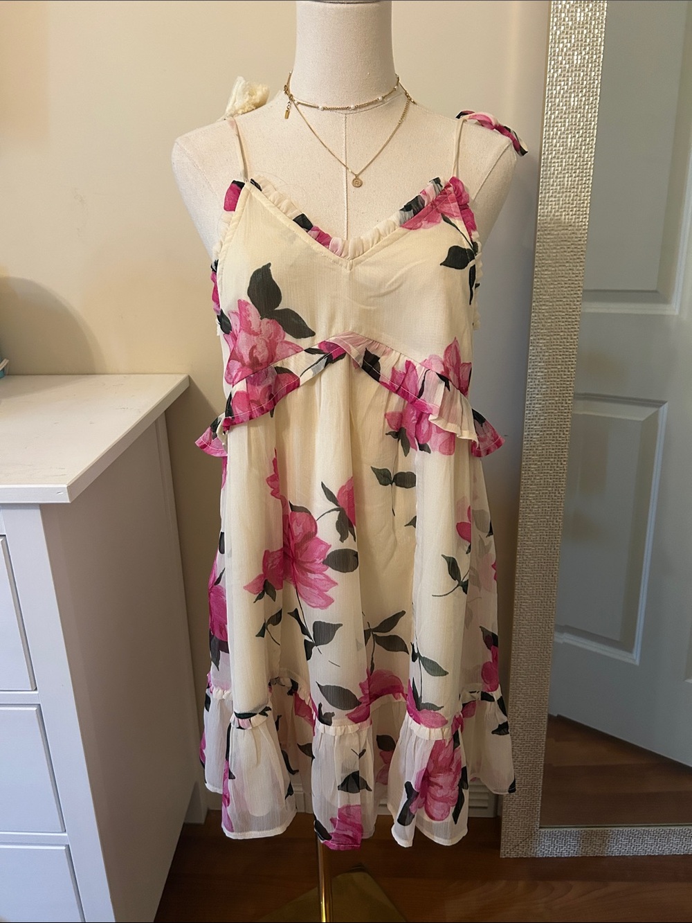 Patrons of Peace Cream Mini Dress with Pink Rose Print